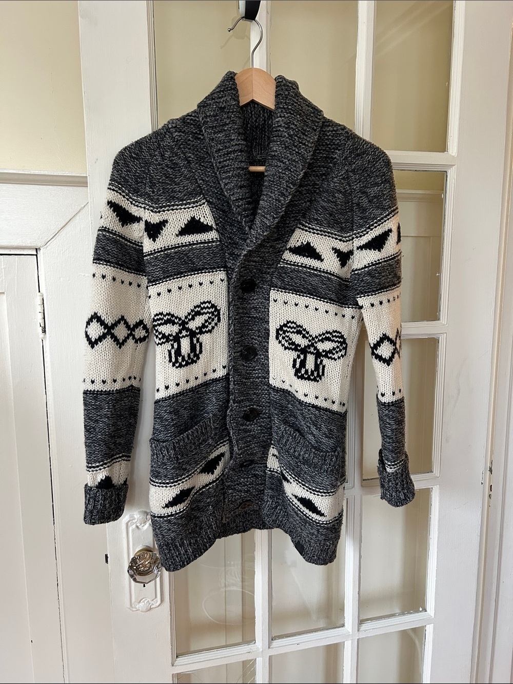 Dark Grey Cowichan TNA Lambswool cardigan with pockets, button up